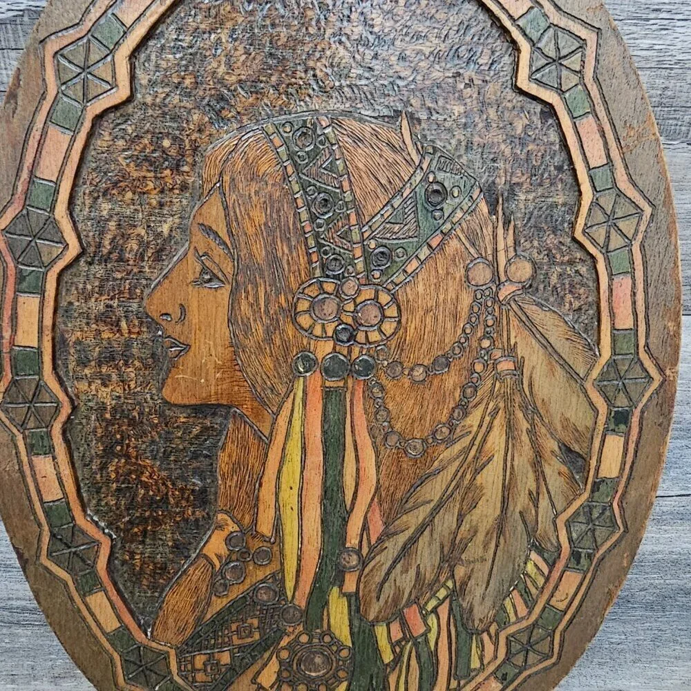 Flemish Wood Carved Mosaic Glass Inlay Native American Oval Photography Art Work